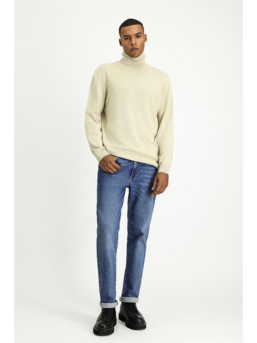 Bej Balıkçı Yaka Regular Fit Pamuklu Triko Büyük Beden Kazak