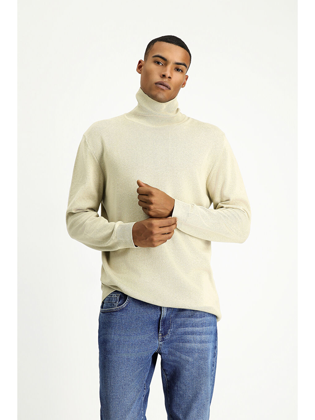 Bej Balıkçı Yaka Regular Fit Pamuklu Triko Büyük Beden Kazak-1