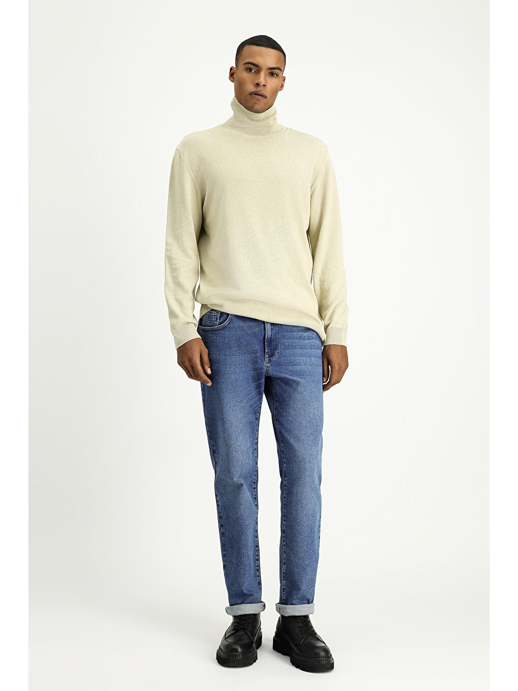 Bej Balıkçı Yaka Regular Fit Pamuklu Triko Büyük Beden Kazak-2