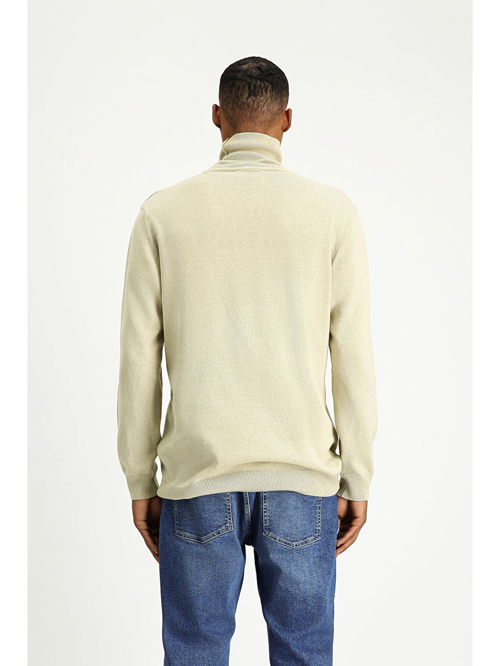 Bej Balıkçı Yaka Regular Fit Pamuklu Triko Büyük Beden Kazak-4