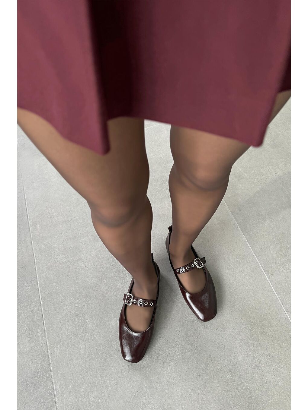 Jules Kadın Kemer Detay Kırışık Deri Babet Bordo-2