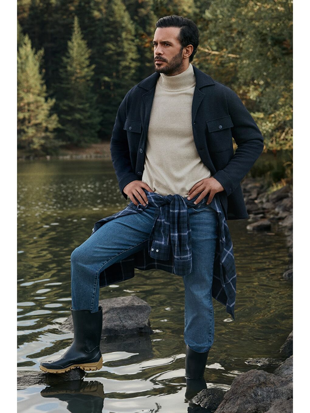 Bej Balıkçı Yaka Regular Fit Pamuklu Triko Büyük Beden Kazak-6