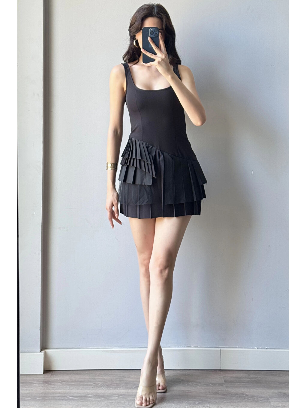 Karışık Kadın Siyah Pliseli Şort Elbise 1041-2332