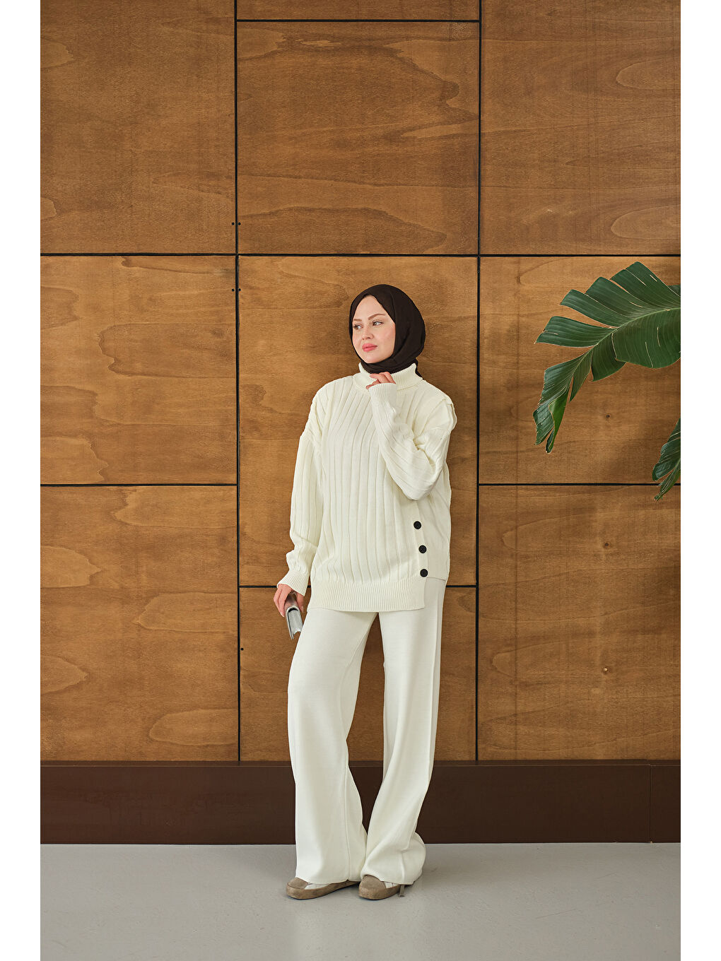 Kadın Düğmeli Triko Takım Ekru-2