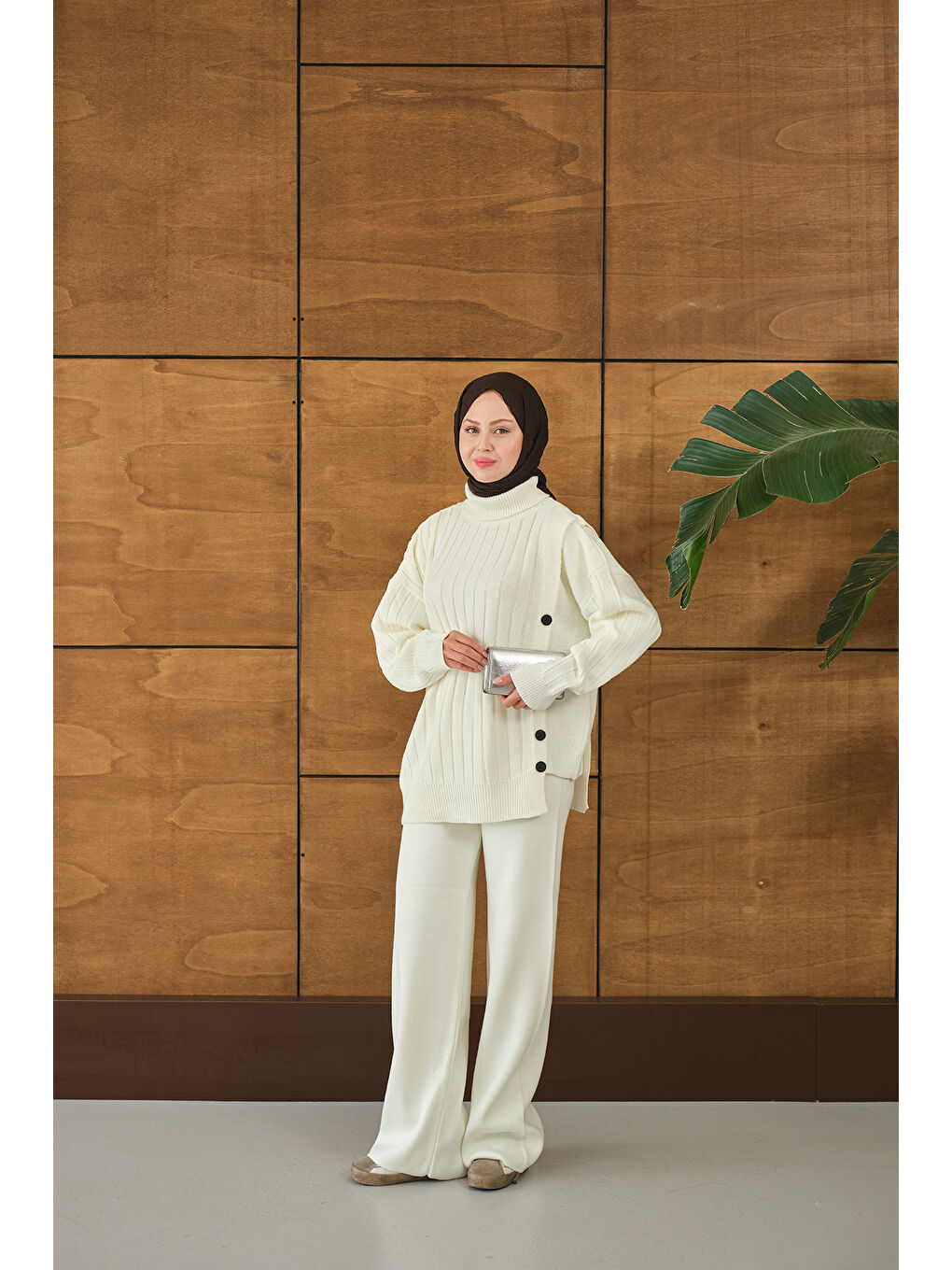 Kadın Düğmeli Triko Takım Ekru-3