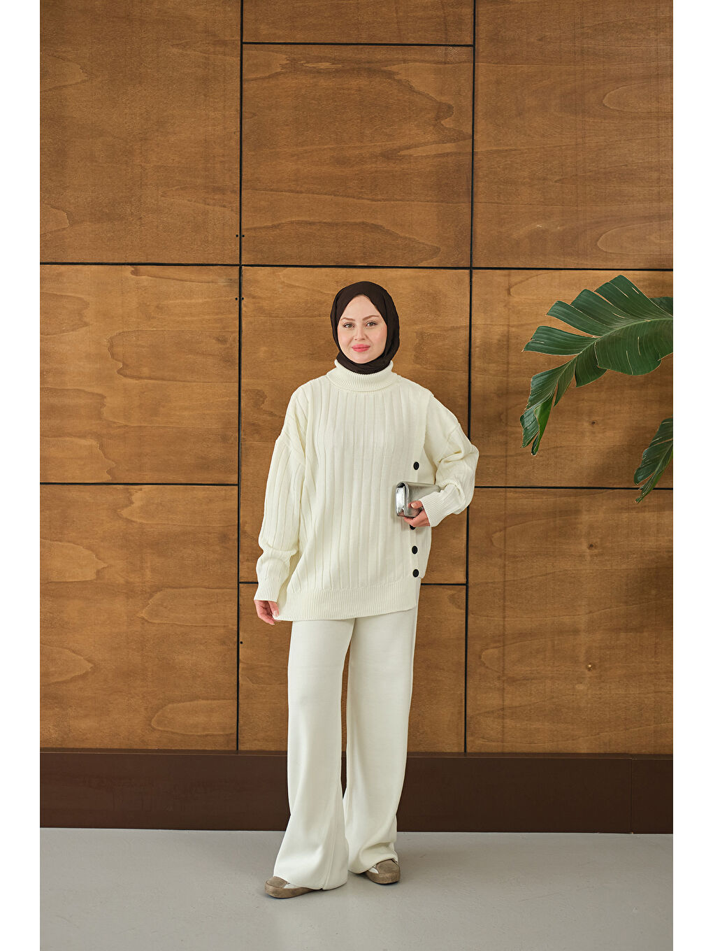 Kadın Düğmeli Triko Takım Ekru-4