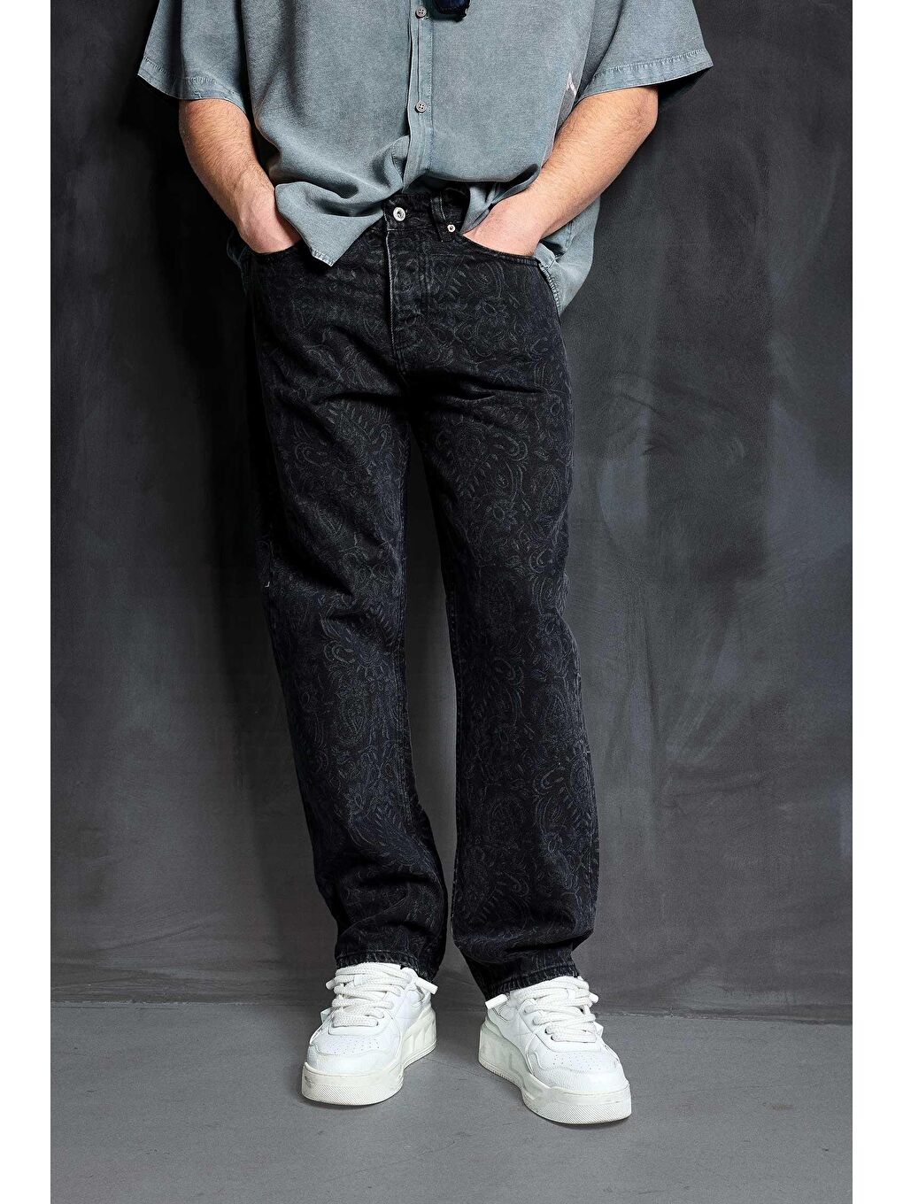 Erkek Desenli Baggy Fit Jean Siyah
