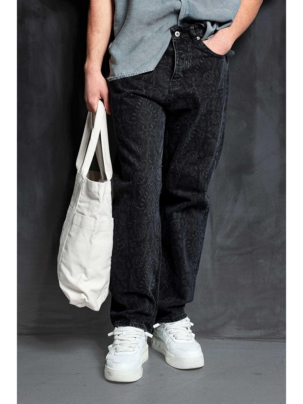 Erkek Desenli Baggy Fit Jean Siyah-1