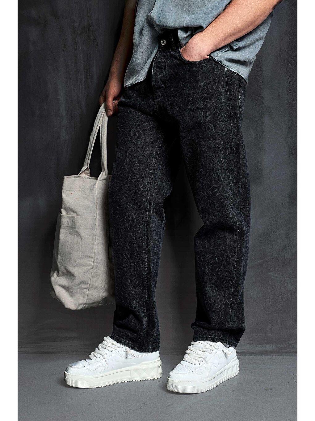 Erkek Desenli Baggy Fit Jean Siyah-2