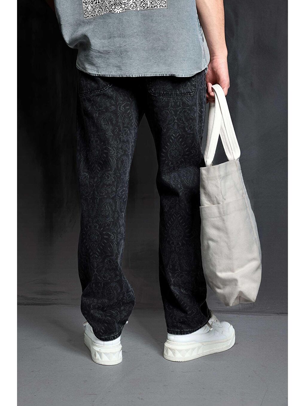 Erkek Desenli Baggy Fit Jean Siyah-3