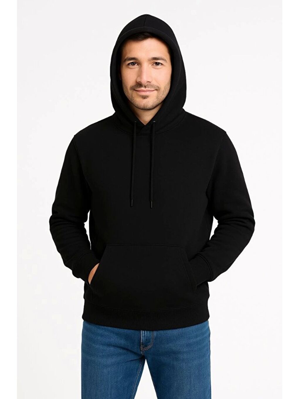 Erkek Üç İplik Kapüşonlu Kanguru Cepli SweatShirt Hoodie - Siyah-1
