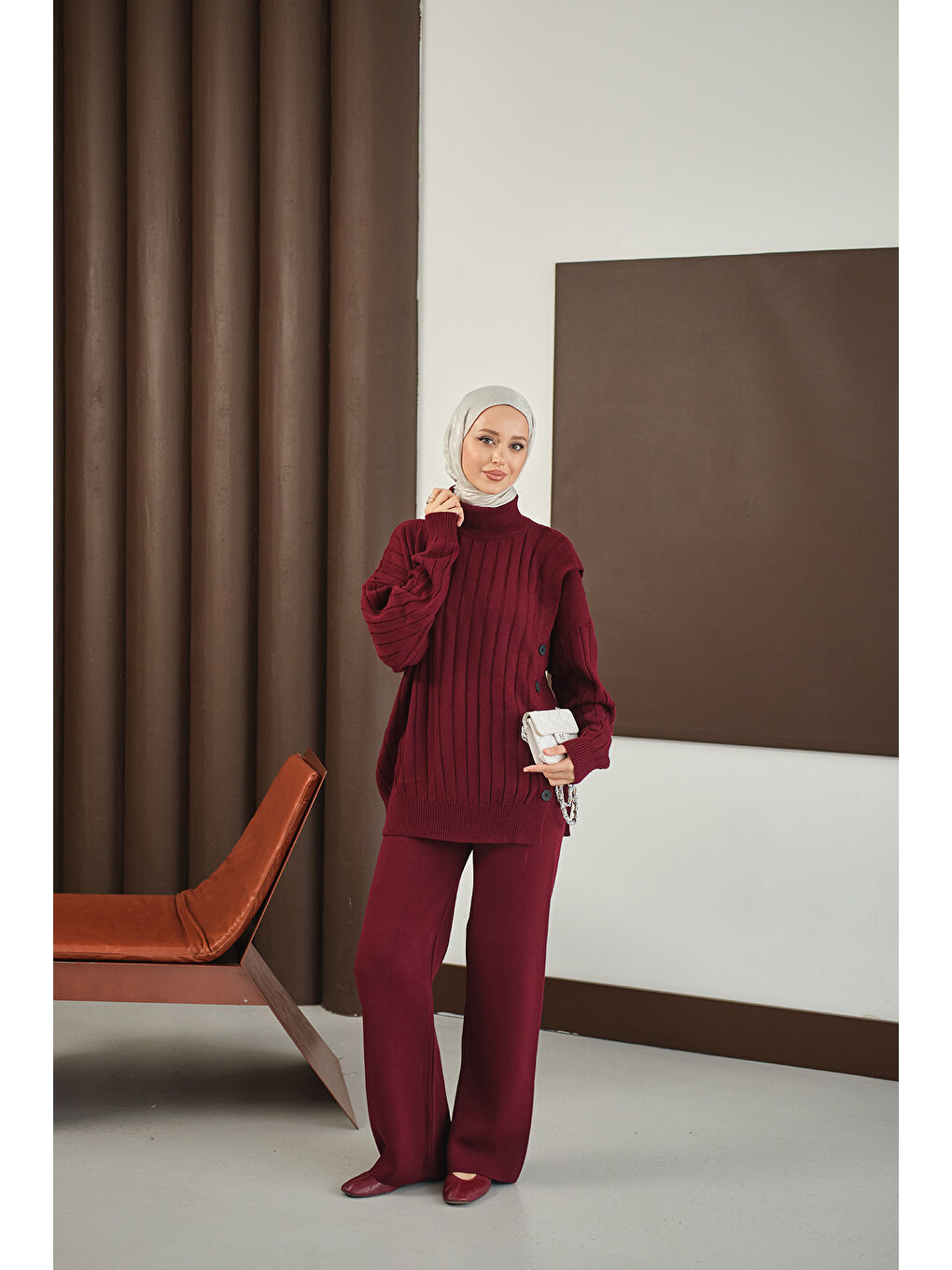 Kadın Düğmeli Triko Takım Bordo-2