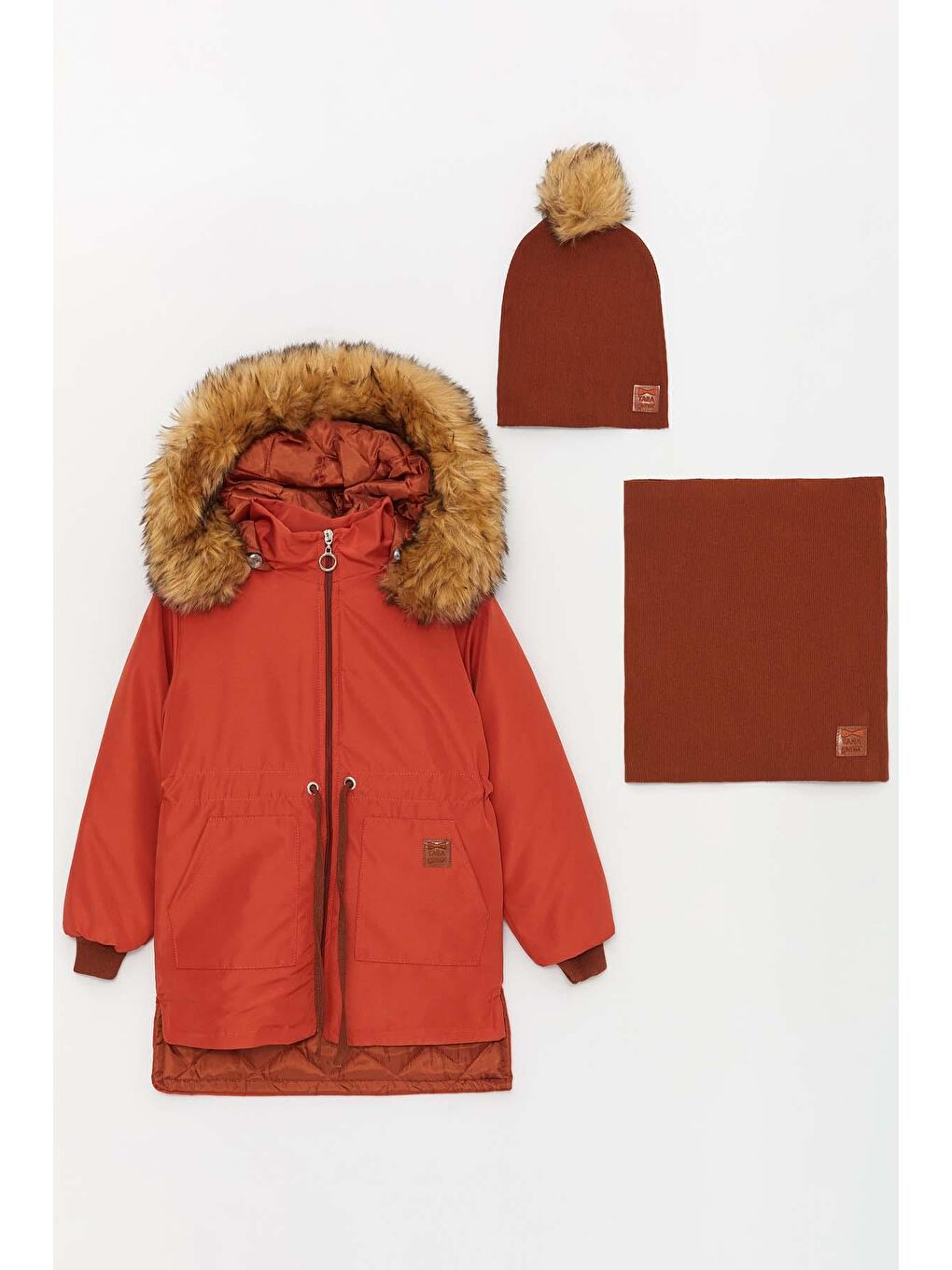 Kahverengi Erkek Çocuk Bere ve Boyunluk Hediyeli Çıkarılabilir Kapüşonlu Kalın Kiremit Mont