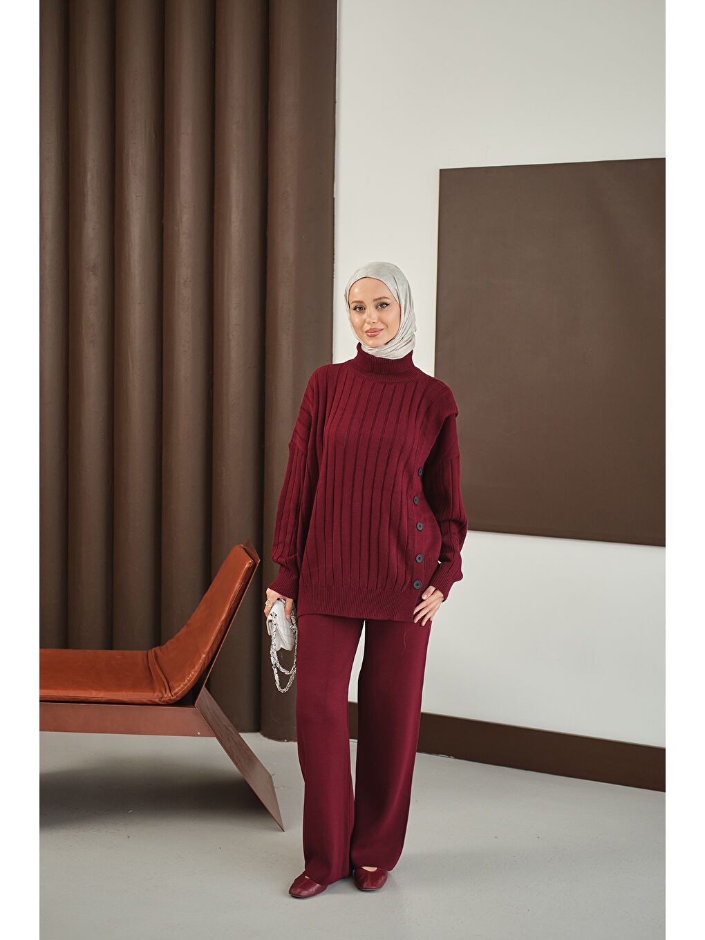 Kadın Düğmeli Triko Takım Bordo-3