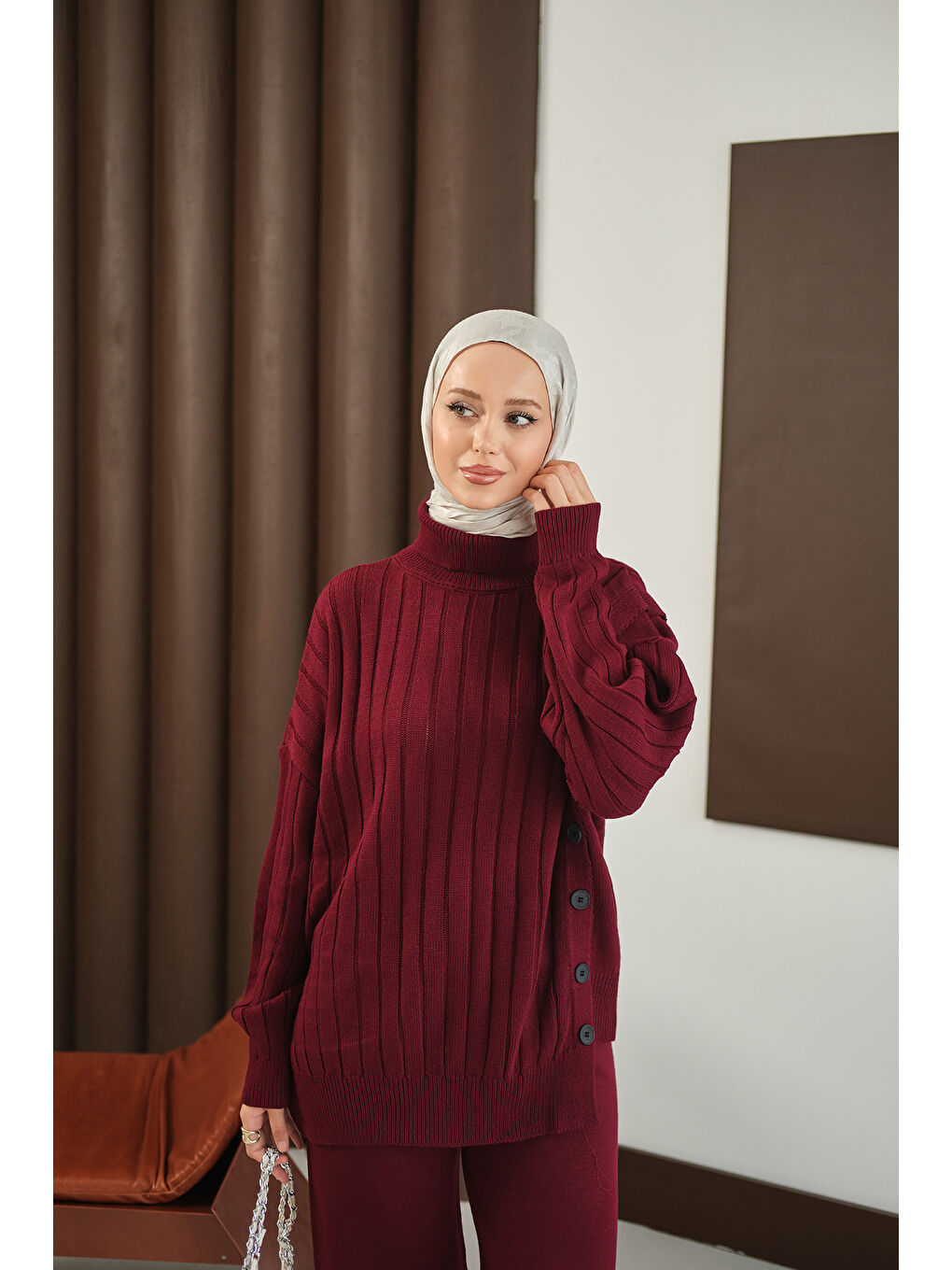 Kadın Düğmeli Triko Takım Bordo-4
