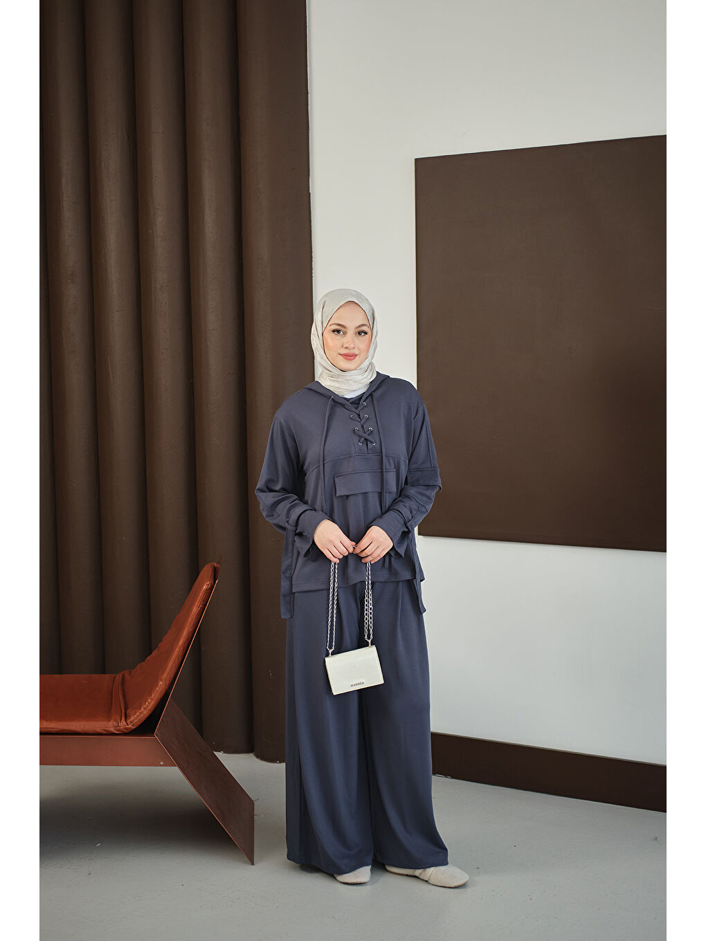 Gri Kadın Önü Çapraz İp Detay Takım Füme-2