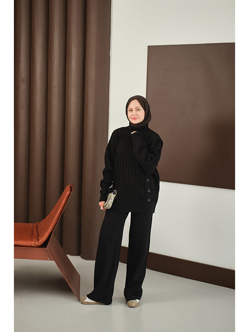 Kadın Düğmeli Triko Takım Siyah-1