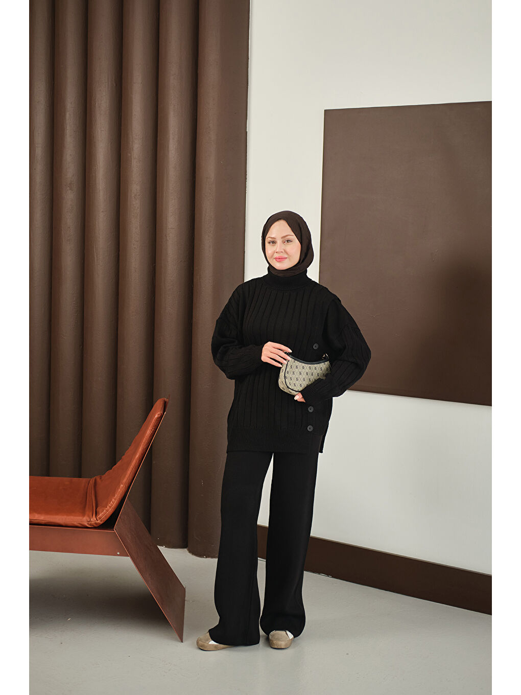 Kadın Düğmeli Triko Takım Siyah-2