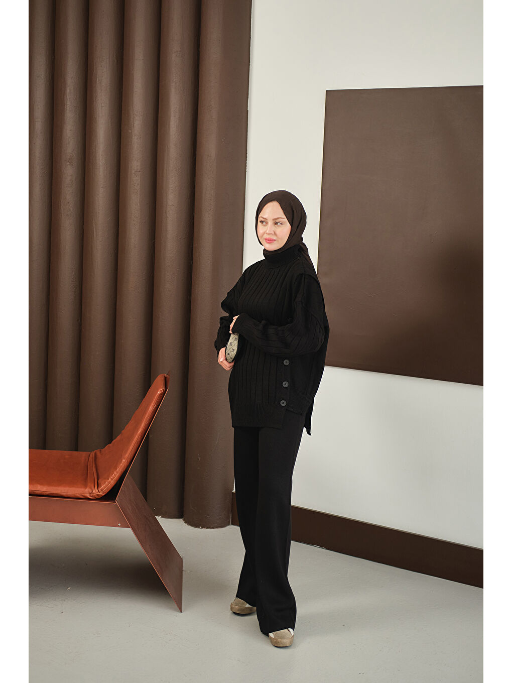 Kadın Düğmeli Triko Takım Siyah-3