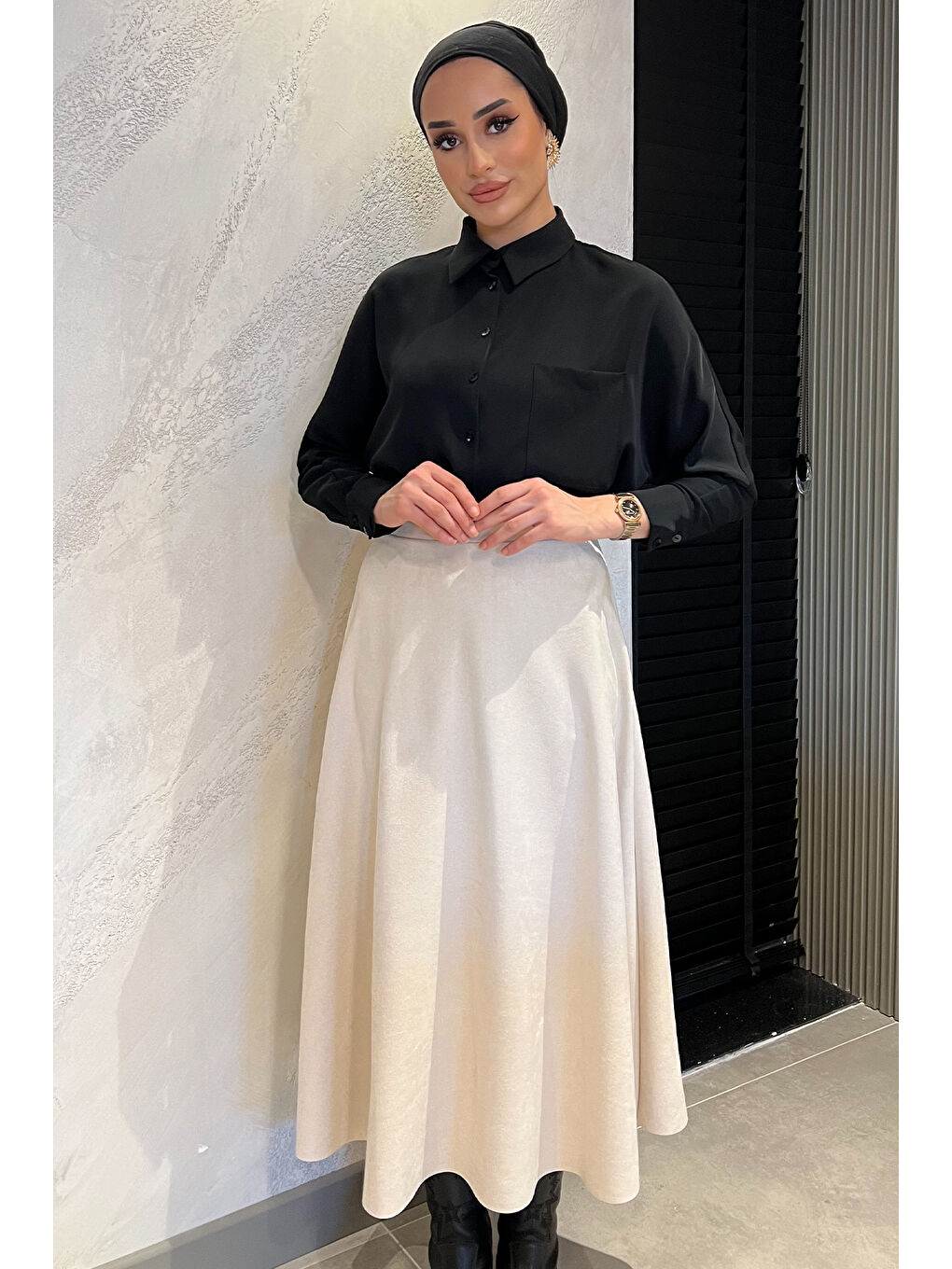 Bej Kadın Kloş Uzun Süet Tesettür Etek