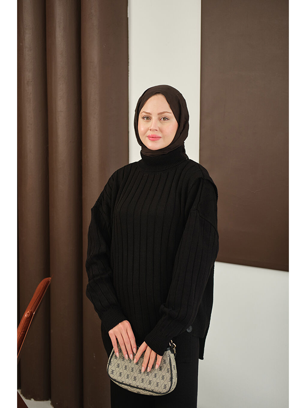 Kadın Düğmeli Triko Takım Siyah-4