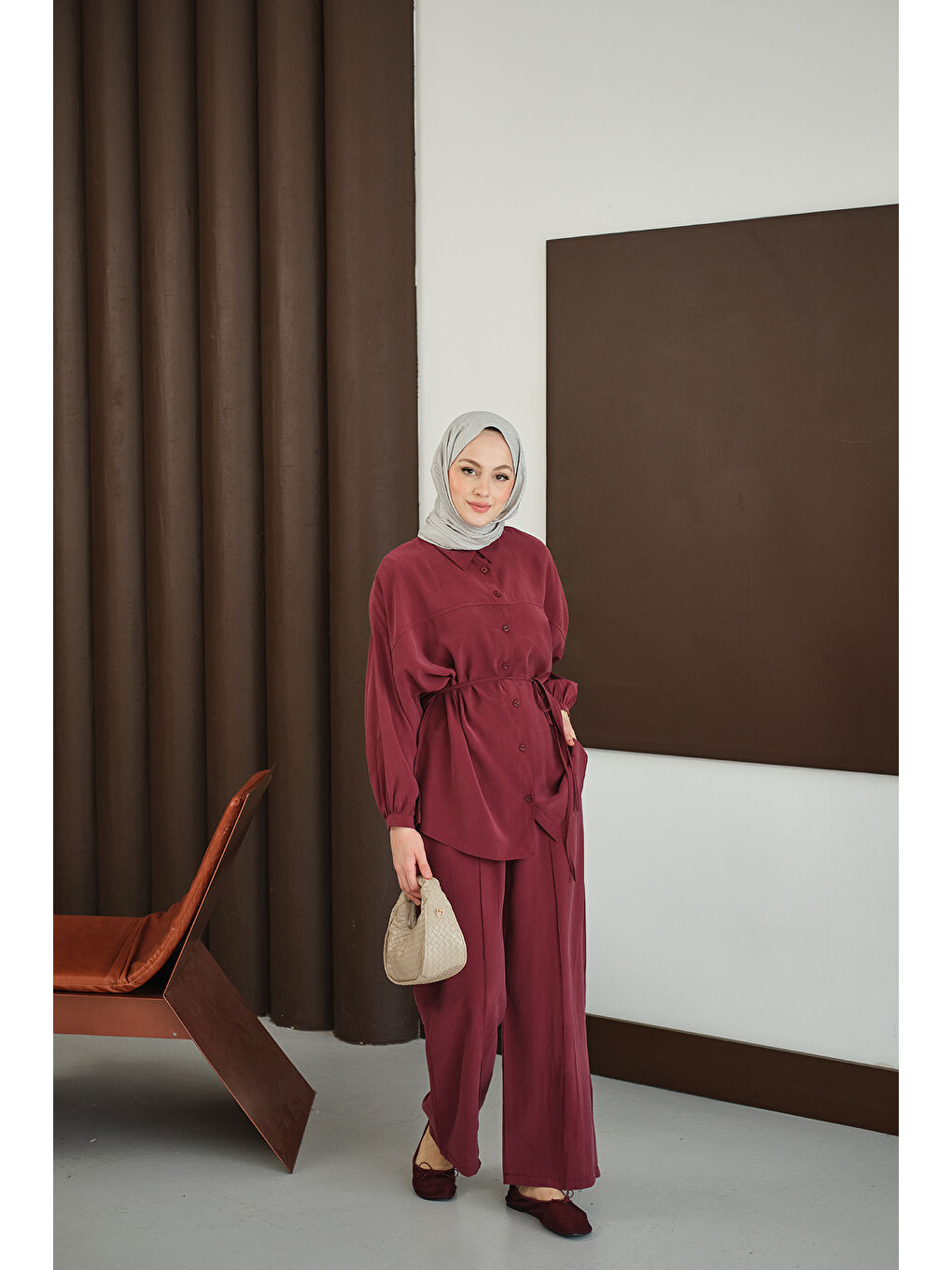 Kadın Bel Bağlamalı İkili Takım Bordo