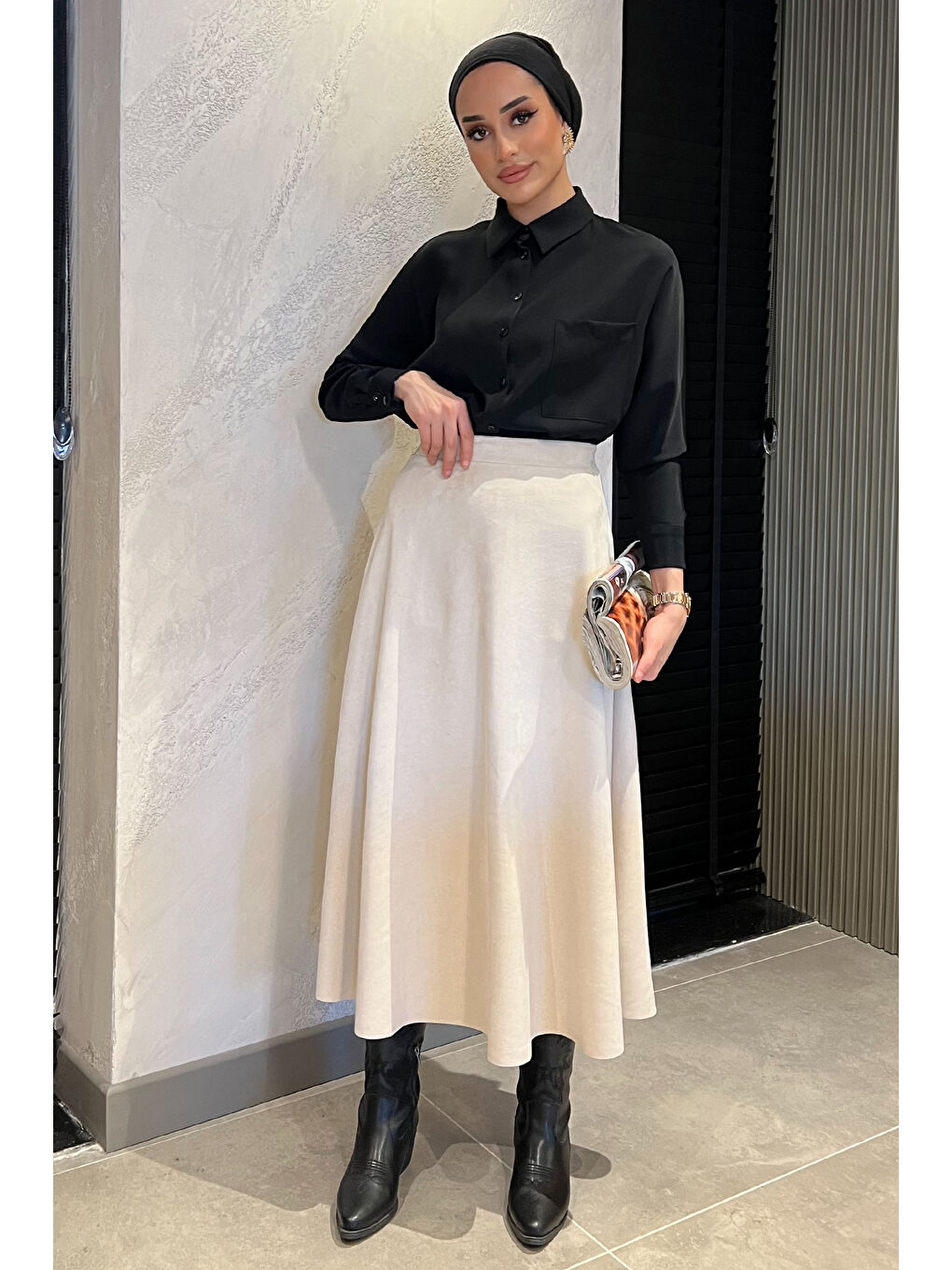 Bej Kadın Kloş Uzun Süet Tesettür Etek-3