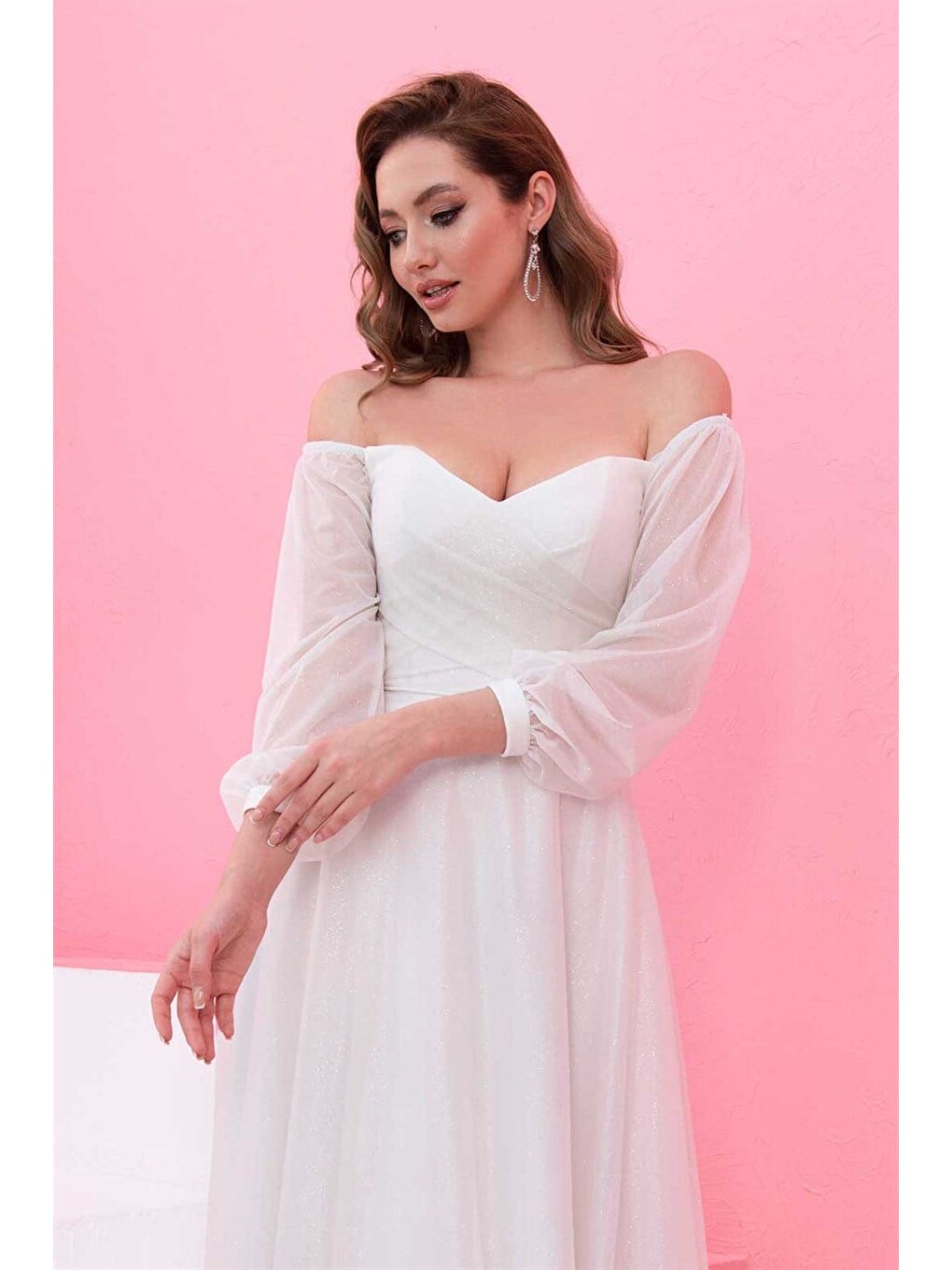 Ekru Simli Uzun Kollu Nikah Elbisesi Ve Dış Çekim Elbisesi-3