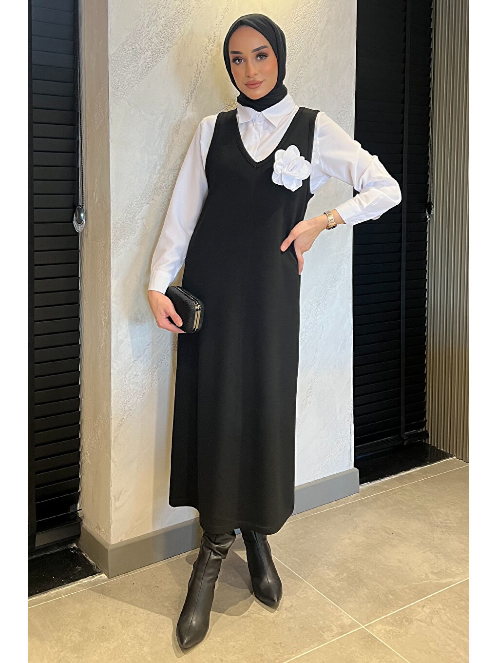 Siyah Kadın Tesettür Gömlek Jile Kombin Elbise-1