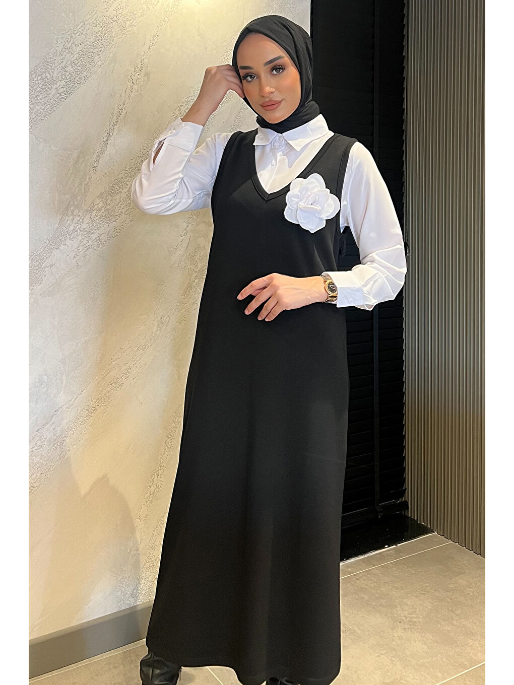 Siyah Kadın Tesettür Gömlek Jile Kombin Elbise-3