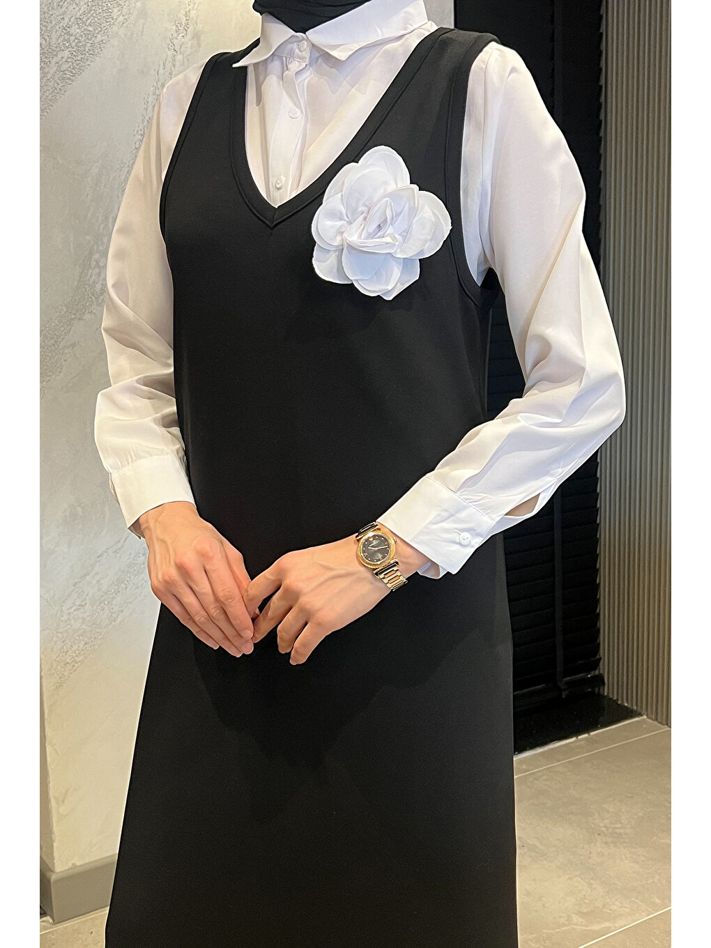 Siyah Kadın Tesettür Gömlek Jile Kombin Elbise-4