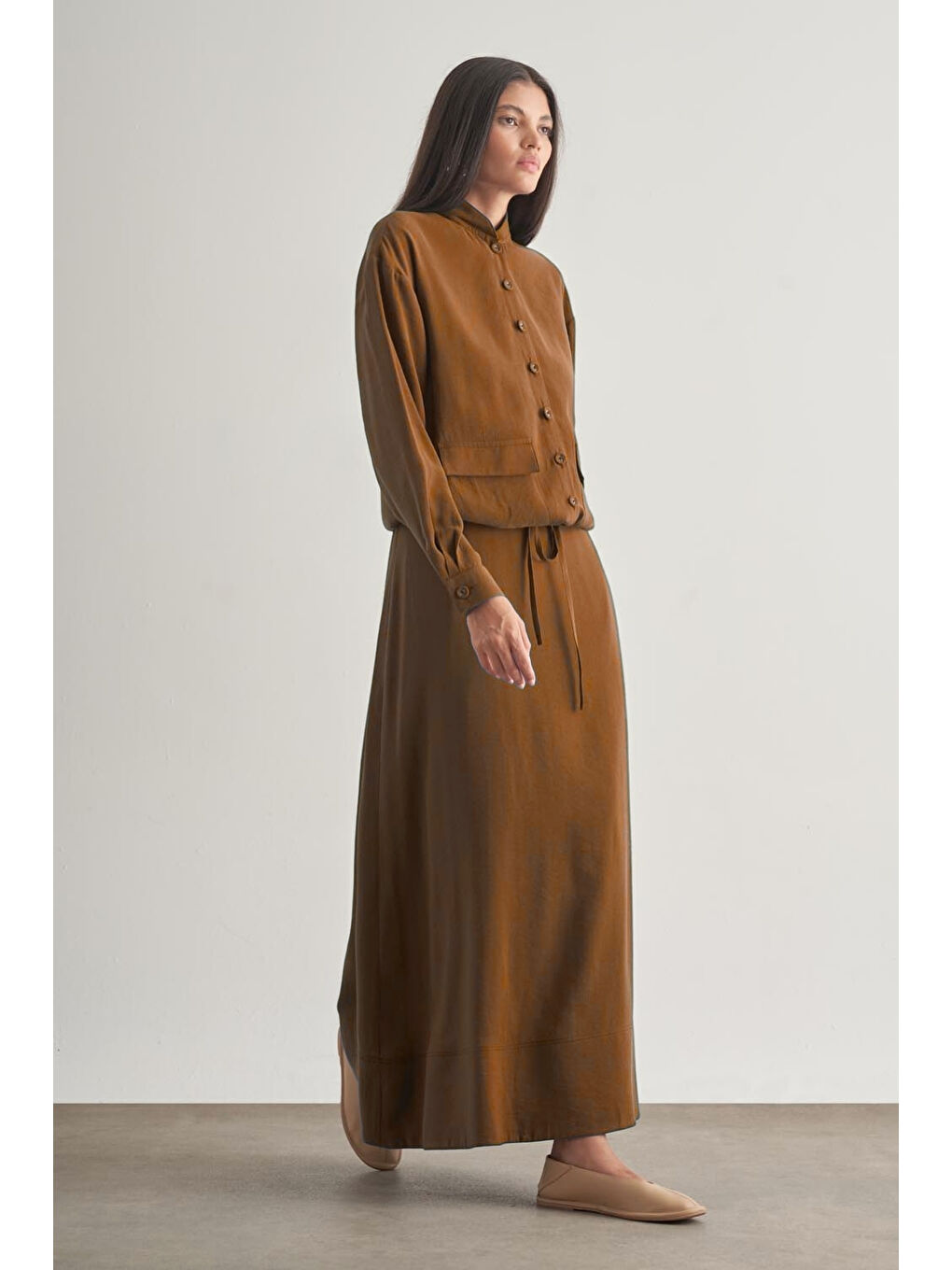 Kahverengi Taba Modal Karışımlı Camel Maksi Evaze Etek-1