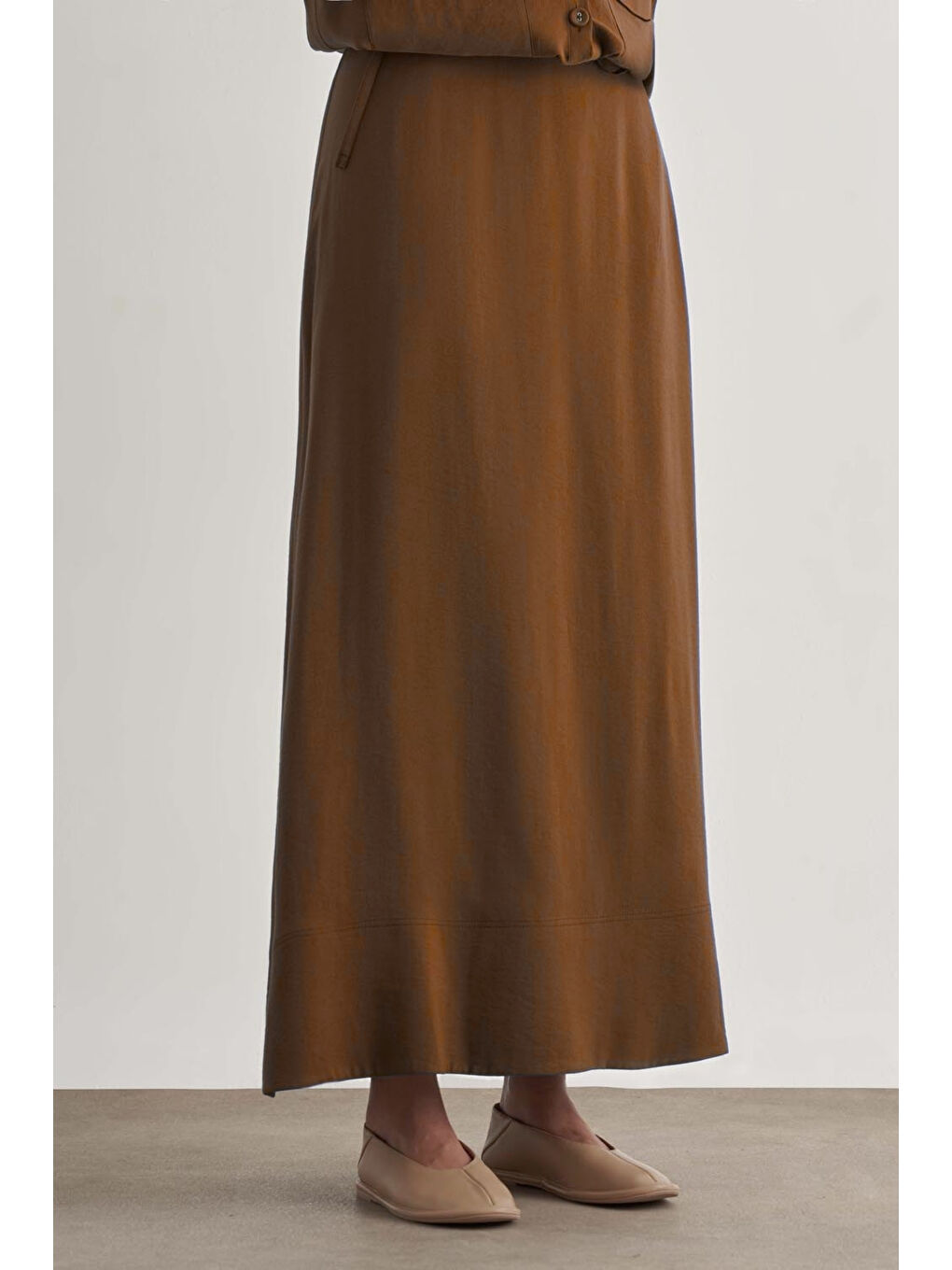 Kahverengi Taba Modal Karışımlı Camel Maksi Evaze Etek-2
