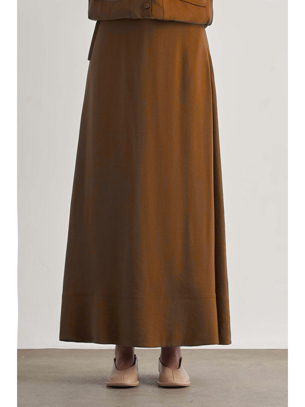 Kahverengi Taba Modal Karışımlı Camel Maksi Evaze Etek-3
