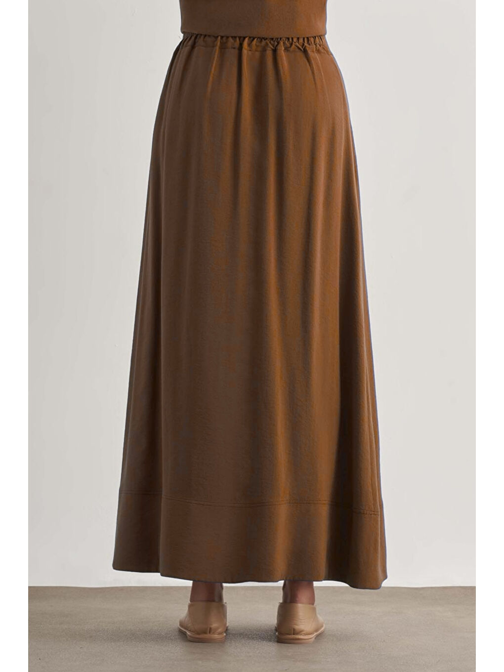 Kahverengi Taba Modal Karışımlı Camel Maksi Evaze Etek-4