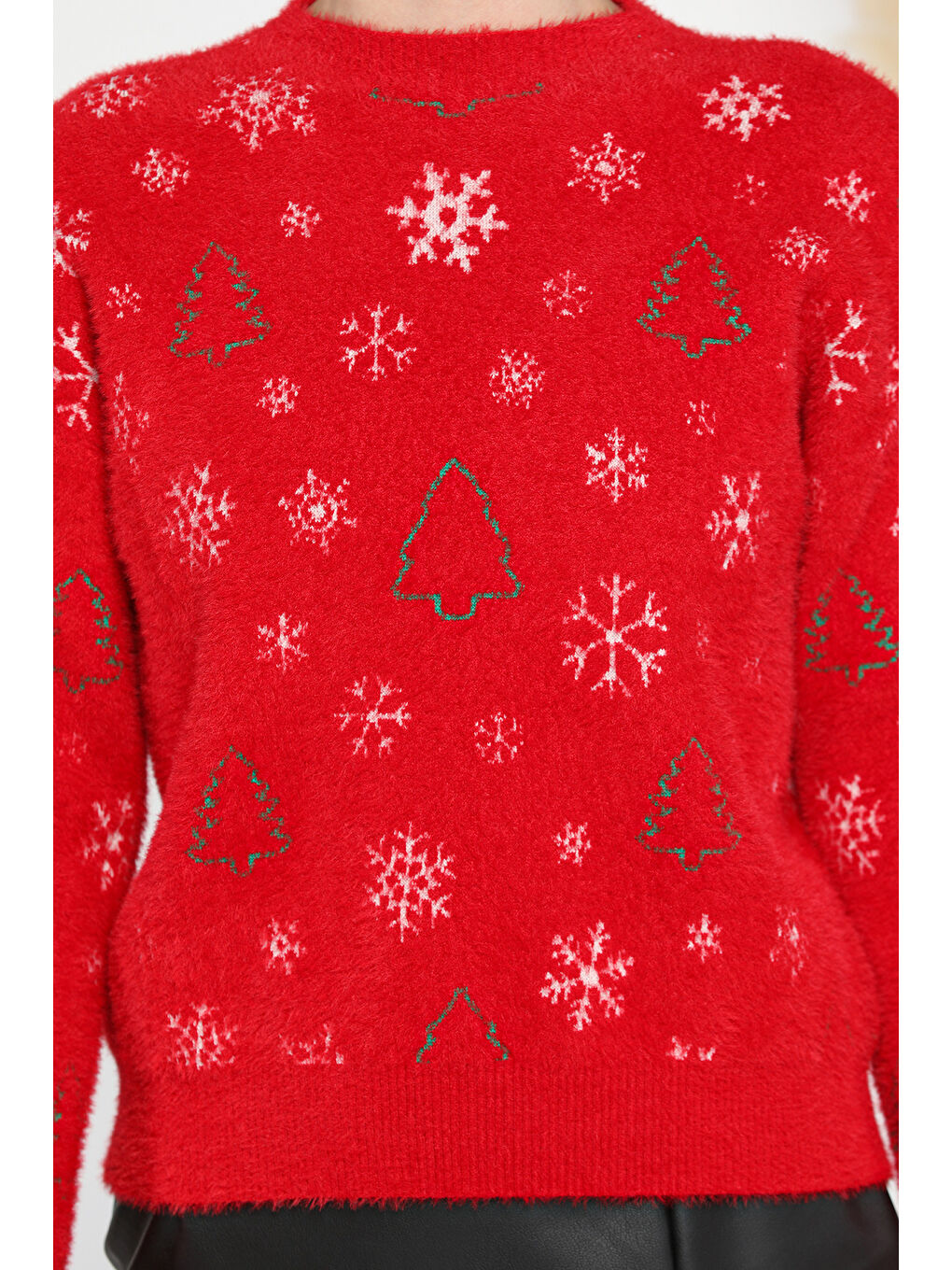 Kırmızı Kadın Yılbaşı Temalı Şardonlu  İplik Triiko Kazak-4