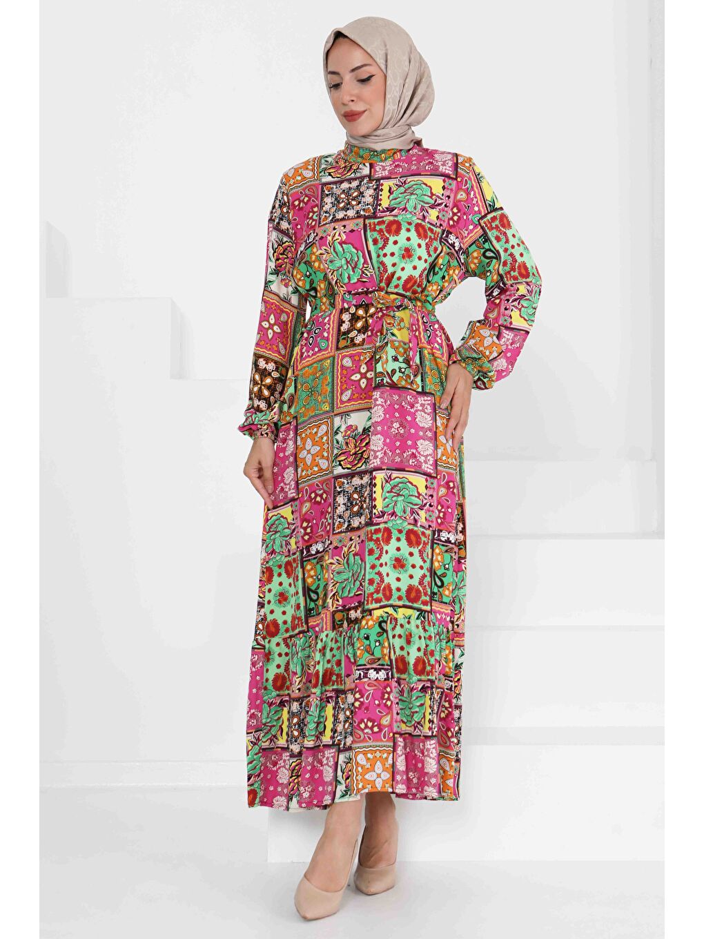 Yeşil Kuşaklı Desenli Elbise Yesil - 27422-2