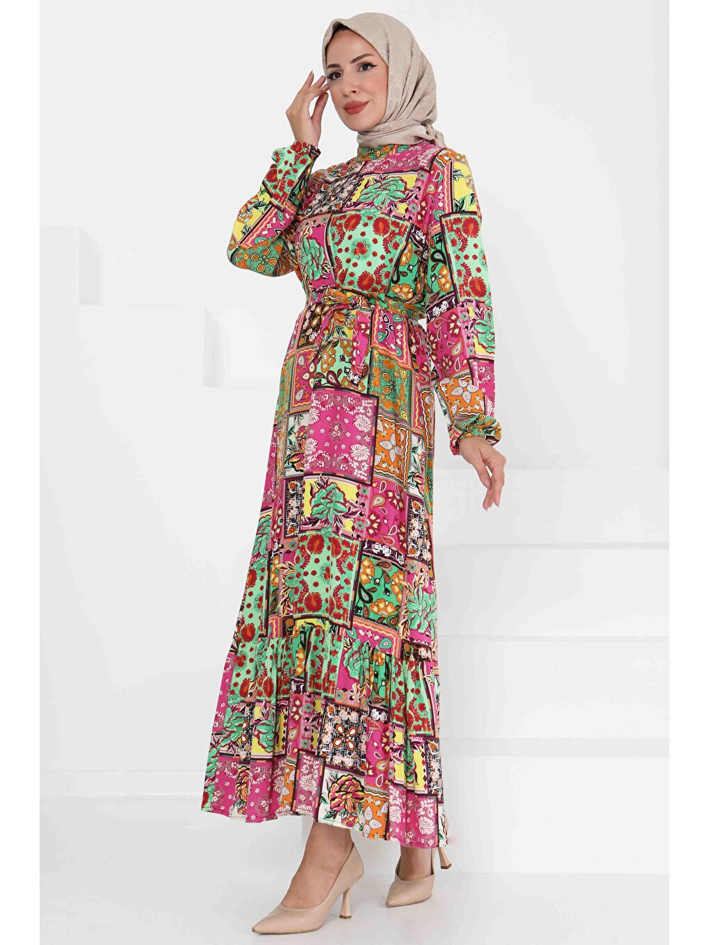 Yeşil Kuşaklı Desenli Elbise Yesil - 27422-3