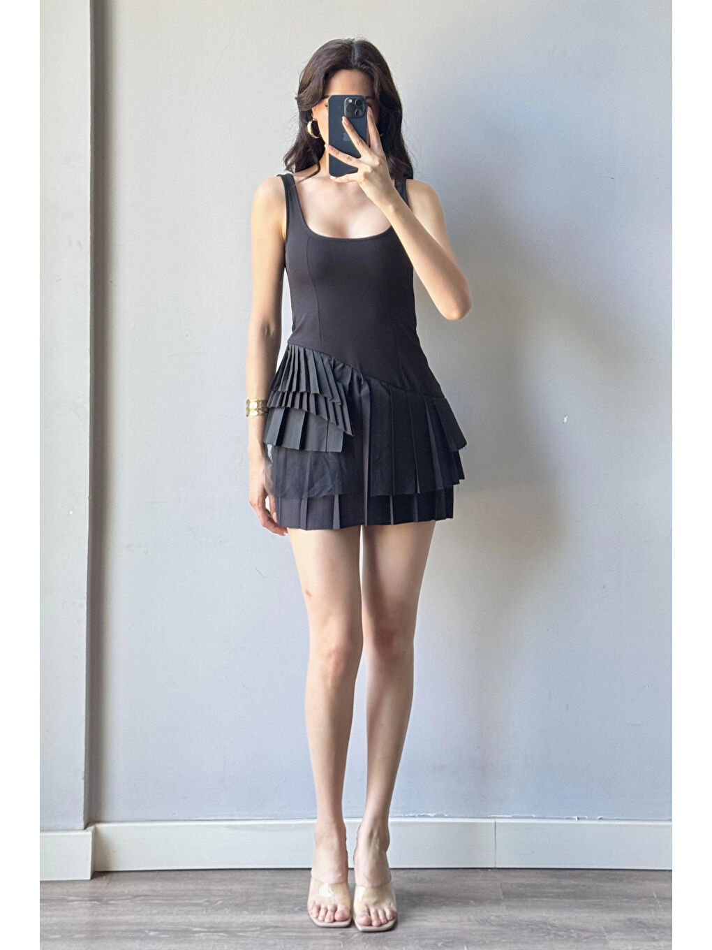 Karışık Kadın Siyah Pliseli Şort Elbise 1041-2332-3