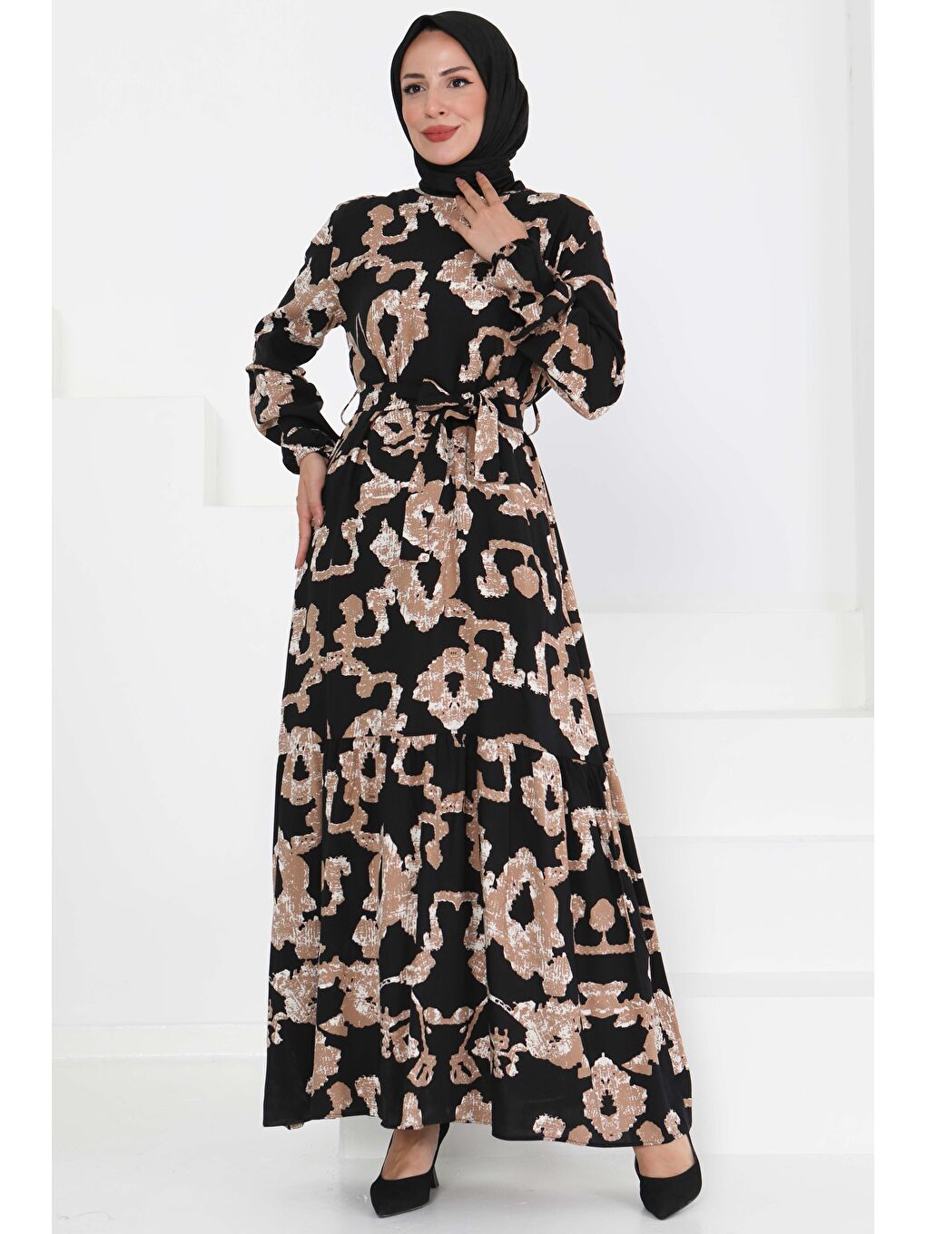 Desenli Kuşaklı Elbise Siyah - 27429-1