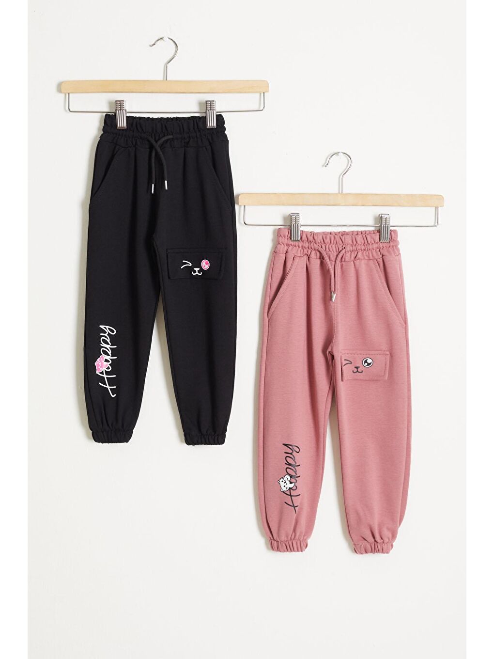 Pembe Kedi Baskılı Lastikli Paça Kız Çocuk 2'li Eşofman Altı Siyah-Gül Kurusu 18376