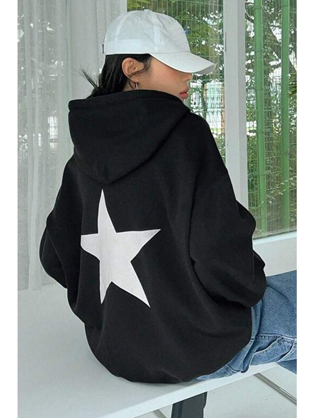 Oksit Siyah Stars Sırt Yıldız Baskılı Unisex Sweatshirt - 1