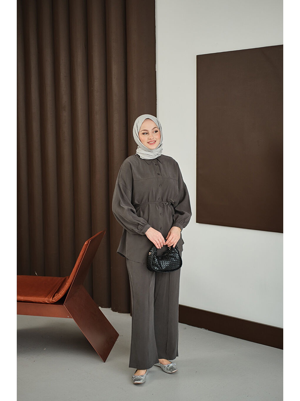 Kadın Bel Bağlamalı İkili Takım Antrasit-4