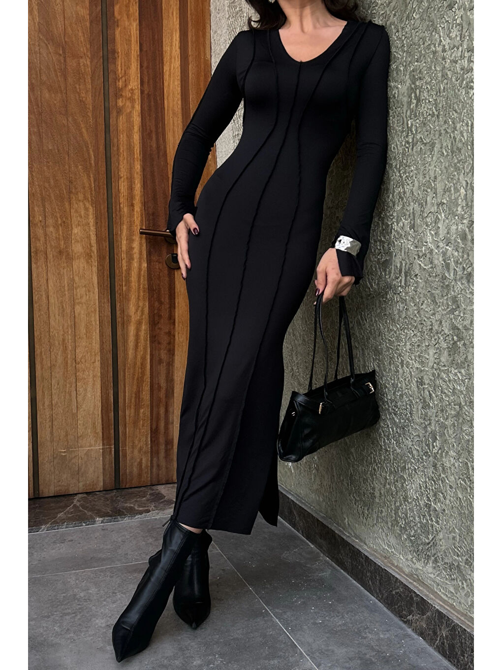 Karışık Kadın Siyah Ters Dikiş Elbise 1007-4773