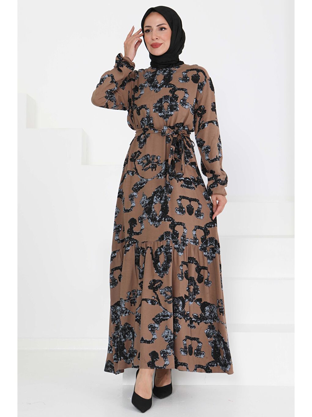 Bej Desenli Kuşaklı Elbise Vizon - 27429