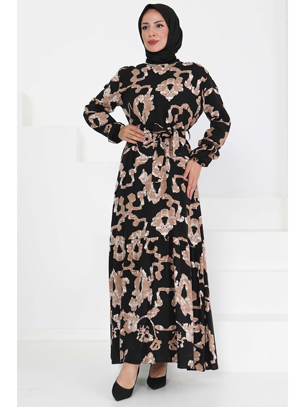 Desenli Kuşaklı Elbise Siyah - 27429-3