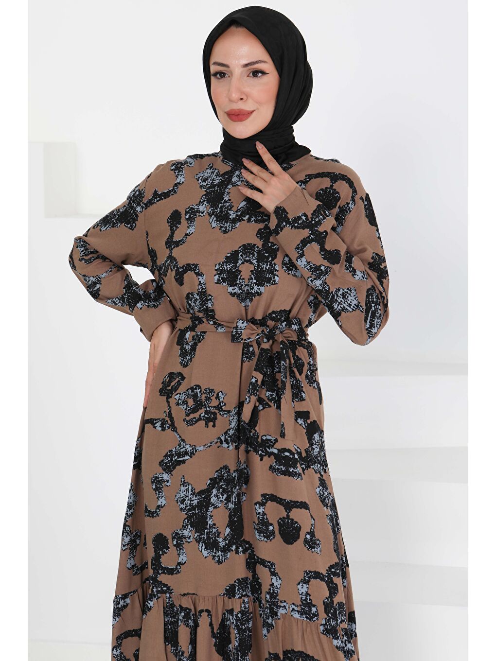 Bej Desenli Kuşaklı Elbise Vizon - 27429-1