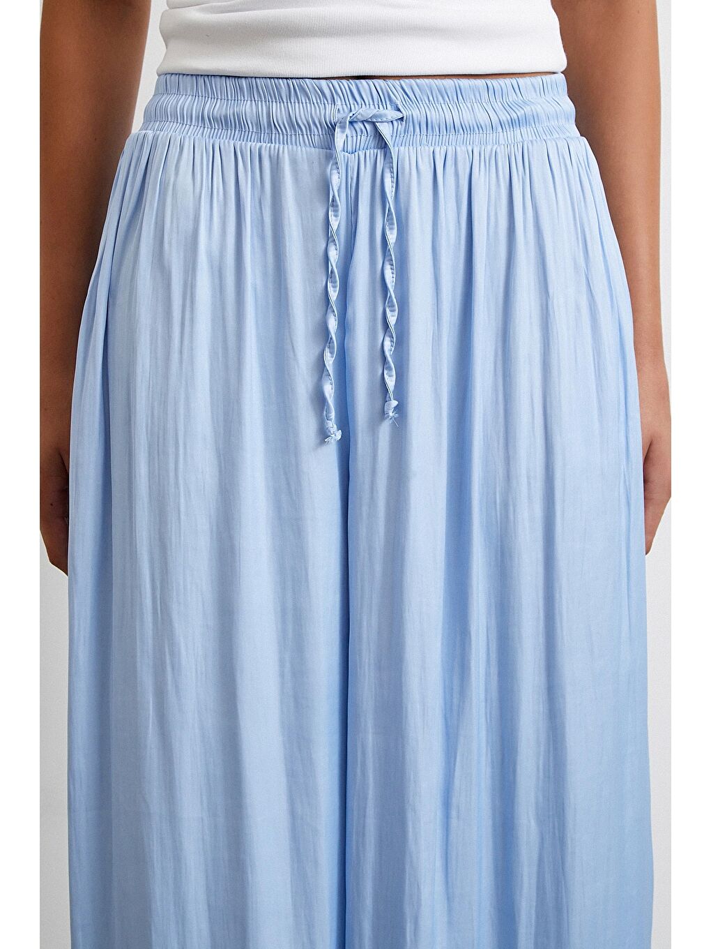 Beli Lastikli Geniş Paça Büzgülü Pantolon Mavi-4