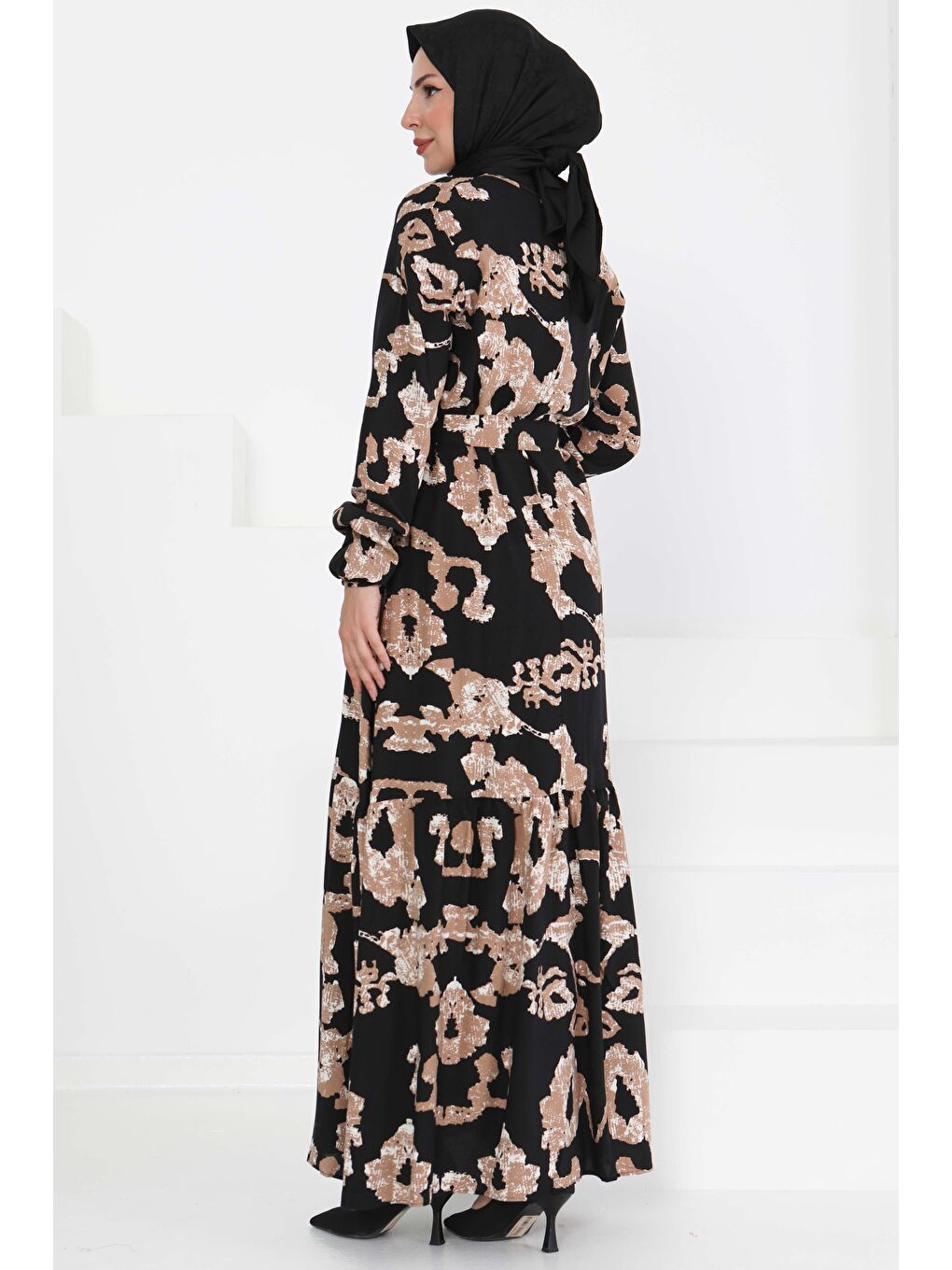 Desenli Kuşaklı Elbise Siyah - 27429-4