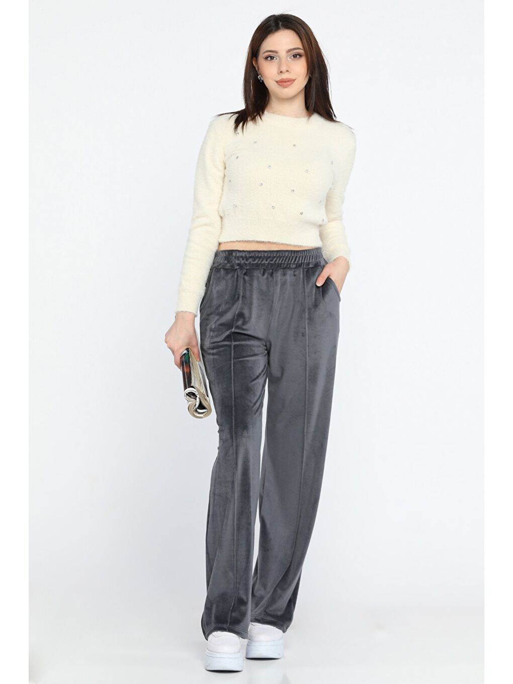 Gri Kadın Kadife Ön Çimalı Bol Paça Pantolon